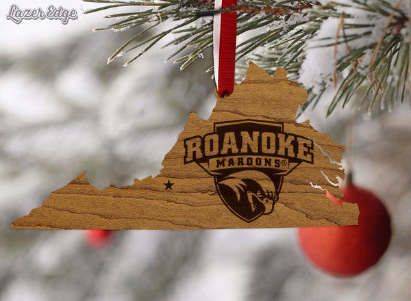 Roanoke College Maroons on State Ornament – Crafted from Cherry and Maple Wood – Roanoke Maroons