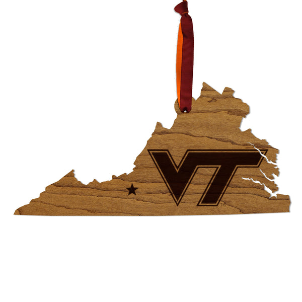 Virginia Tech VT on State Ornament – Crafted from Cherry and Maple Wood – Virginia Tech Hokies