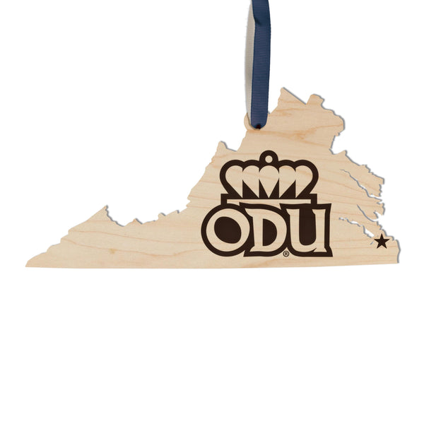 Old Dominion University Ornament Crown on State Ornament – Crafted from Cherry and Maple Wood – Old Dominion Monarchs
