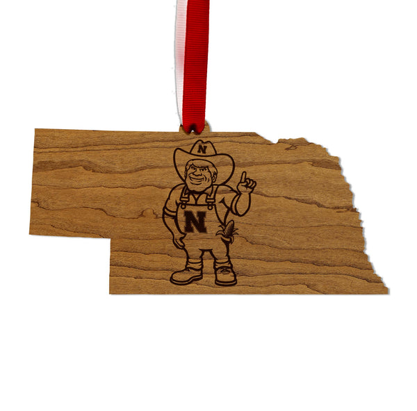 University of Nebraska Herbie on State Ornament - Crafted from Cherry or Maple Wood - Nebraska Huskers
