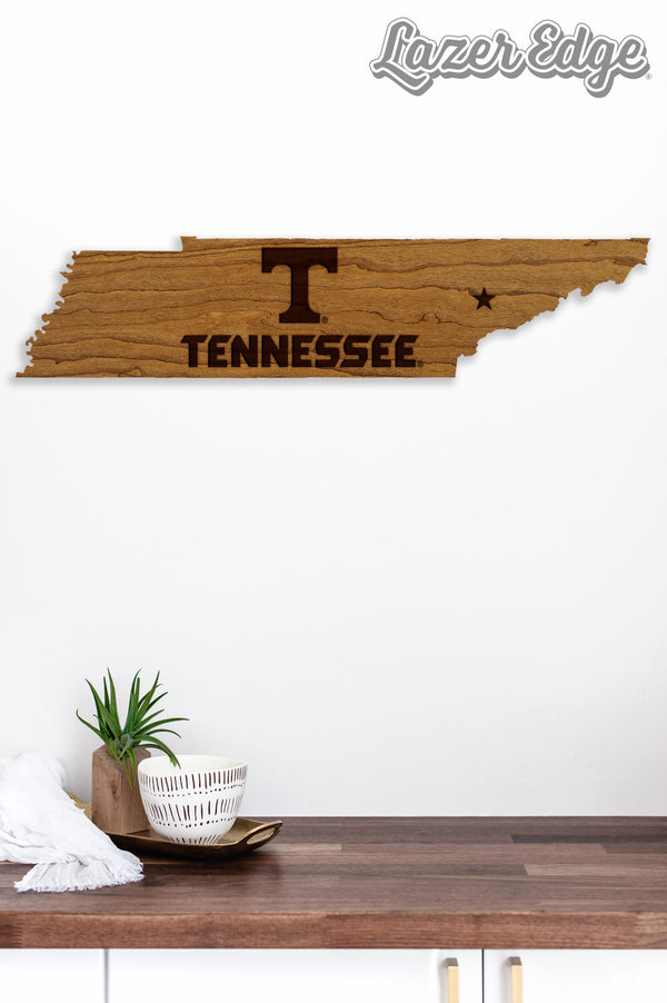 University of Tennessee Power T on State Wall Hanging - Crafted from Cherry and Maple Wood - University of Tennessee Volunteers