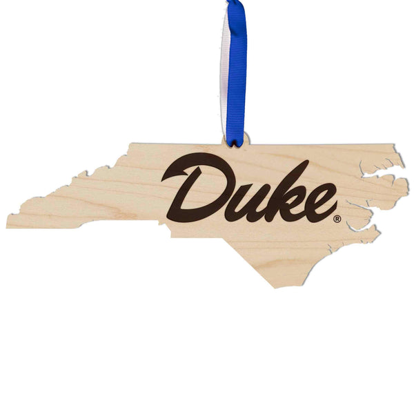 Duke Blue Devils Wordmark on State Ornament – Crafted from Cherry and Maple Wood – Duke University