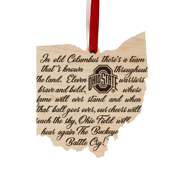 Ohio State University Battle Cry on State Ornament – Crafted from Cherry and Maple Wood – Ohio State Buckeyes