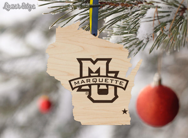 Marquette University Logo on State Ornament – Crafted from Cherry and Maple Wood – Marquette Golden Eagles