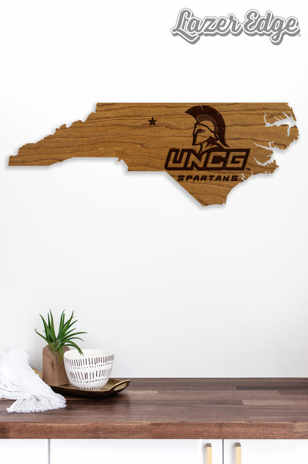 University of North Carolina Greensboro Spartans on State Wall Hanging – Crafted from Cherry and  Maple Wood