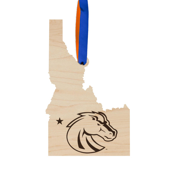 Boise State University Broncos on State Ornament – Crafted from Cherry and Maple Wood – Boise State Broncos