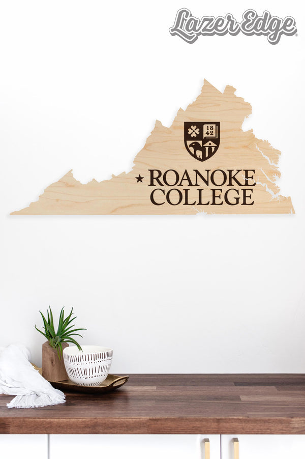 Roanoke College Academic Logo on State Wall Hanging - Crafted from Cherry and Maple Wood - Roanoke Maroons