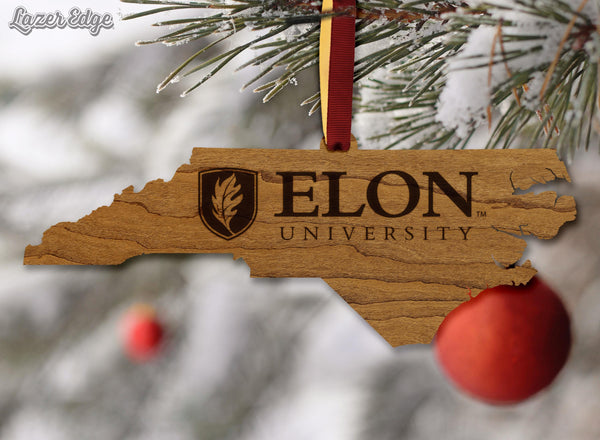 Elon University Signature Mark on State Ornament – Crafted from Cherry and Maple Wood – Elon Pheonix