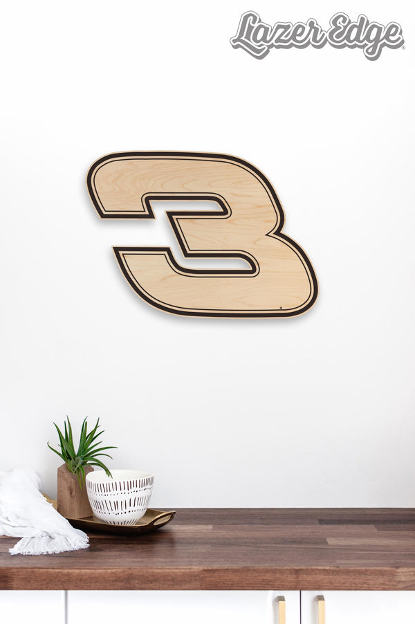 Stylized # 3 Wooden Wall Hanging  | Crafted from Cherry and Maple Wood | Made in USA | Officially Licensed by Richard Childress Racing
