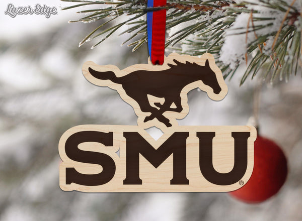 Southern Methodist University Mustang Wordmark Ornament –Crafted from Cherry and Maple Wood – SMU Mustangs