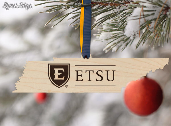 East Tennessee State University Wordmark on State Ornament – Crafted from Cherry and Maple Wood – East Tennessee State Buccaneers