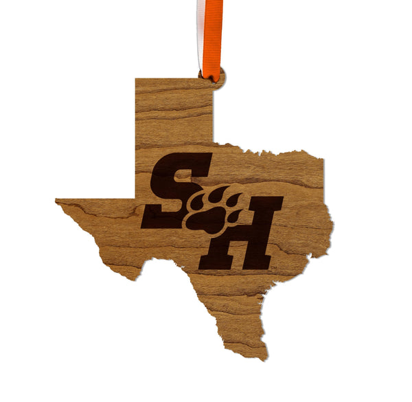 Sam Houston State University Logo on State Ornament – Crafted from Cherry and Maple Wood – Sam Houston Bearkats