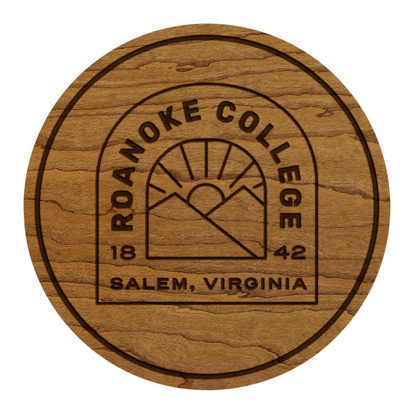 Roanoke College Mountain Badge Coaster – Crafted from Cherry or Maple Wood – Roanoke Maroons