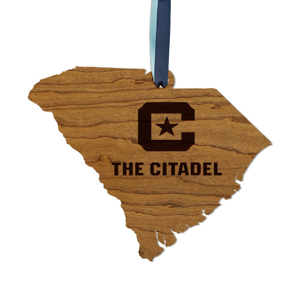 The Citadel Military College C and Star on State Ornament – Crafted from Cherry and Maple Wood – The Citadel Bulldogs