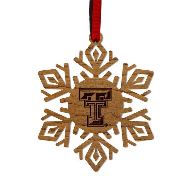 Texas Tech University Double T Snowflake Ornament – Crafted from Cherry and Maple Wood – Texas Tech Red Raiders