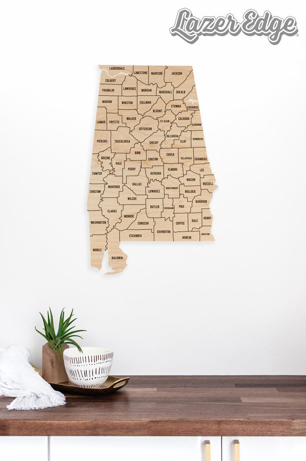 Alabama County Map Wall Hanging - Crafted from Cherry or Maple Wood