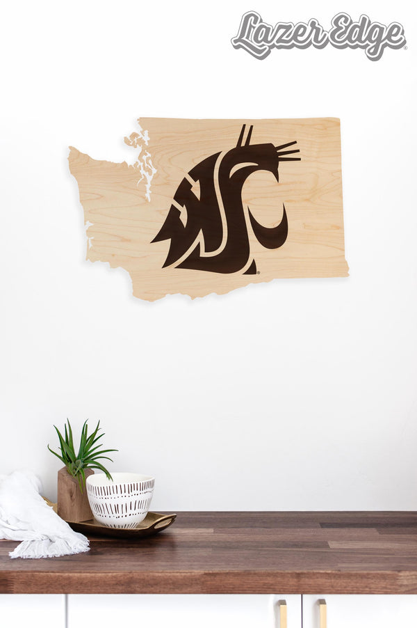 Washington State University Cougar on State Wall Hanging - Crafted from Cherry or Maple Wood - Washington State Cougars
