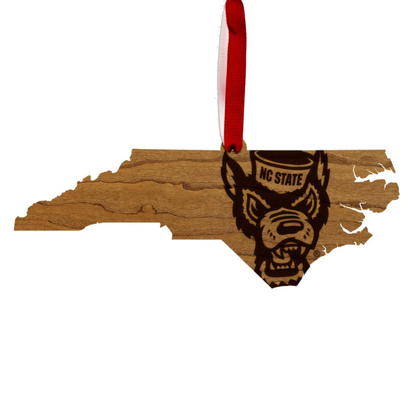 NC State University Tuffy on State Ornament – Crafted from Cherry or Maple Wood – North Carolina State Wolfpack