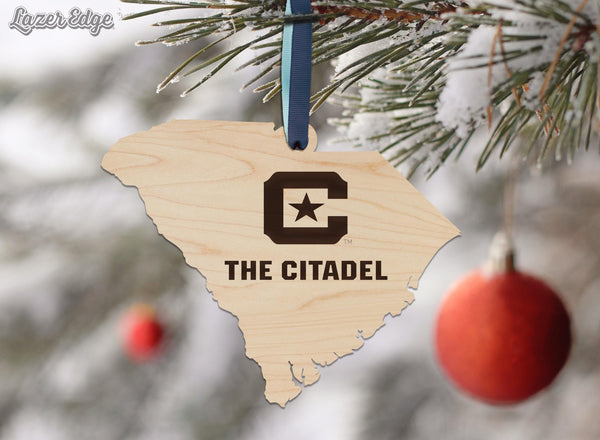 The Citadel Military College C and Star on State Ornament – Crafted from Cherry and Maple Wood – The Citadel Bulldogs