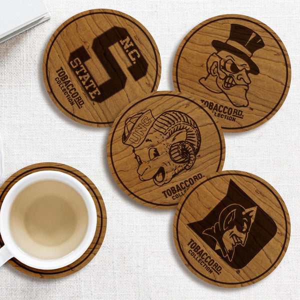 Tobacco Road Colleges Wooden Coasters With Coaster Holder– Crafted from Cherry or Maple Wood