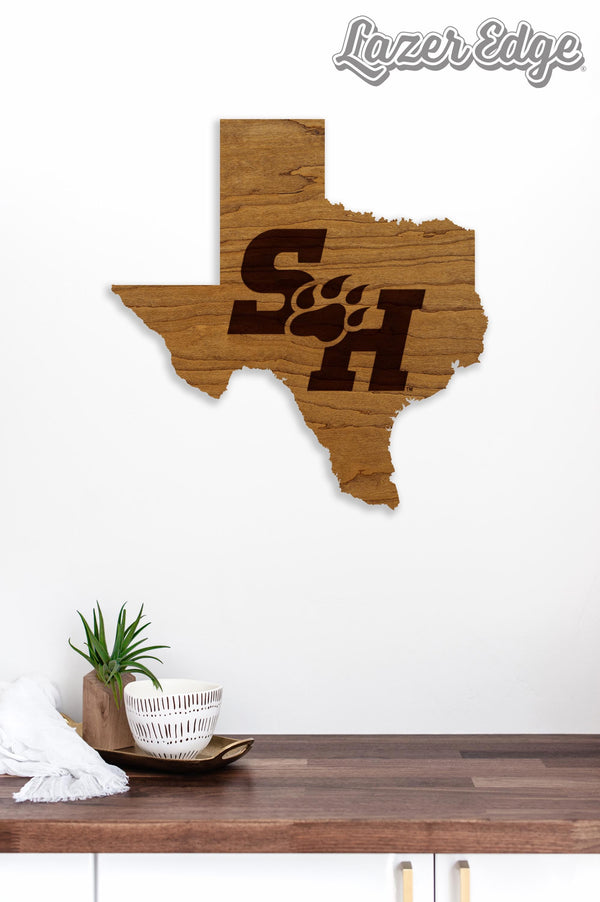 Sam Houston State University Logo on State Wall Hanging - Crafted from Cherry and Maple Wood - Sam Houston Bearkats