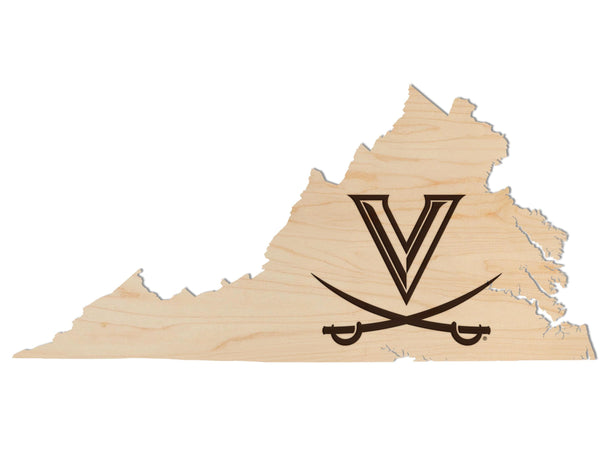 University of Virginia V Sabres on State Wall Hanging - Crafted from Cherry and Maple Wood - University of Virginia Cavaliers