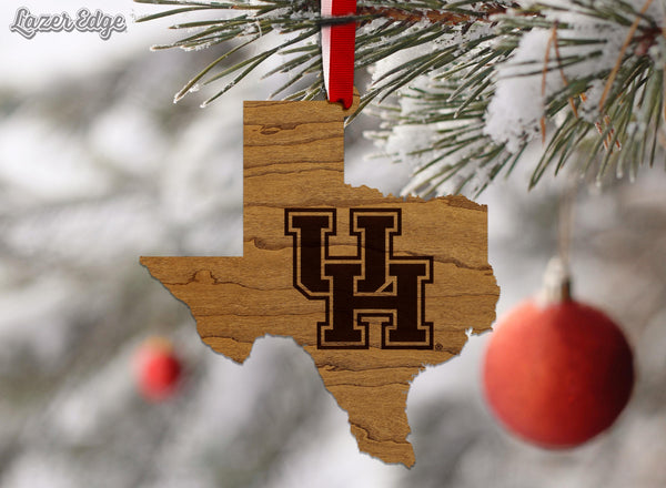 University of Houston UH on State Ornament – Crafted from Cherry and Maple Wood – Houston Cougars