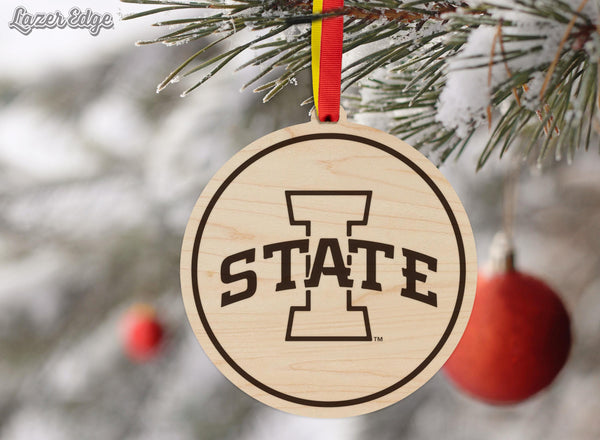 Iowa State University I State Ornament – Crafted from Cherry and Maple Wood – Iowa State University