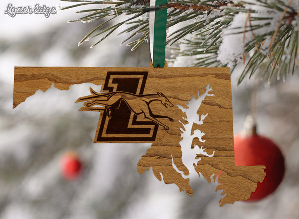 Loyola-Maryland Greyhounds on State Ornament – Crafted from Cherry or Maple Wood – Loyola Greyhounds