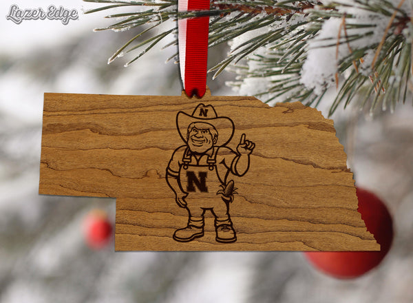 University of Nebraska Herbie on State Ornament - Crafted from Cherry or Maple Wood - Nebraska Huskers