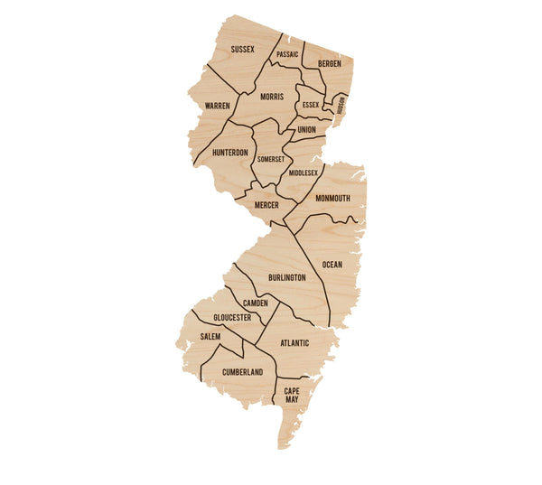New Jersey County Map Wall Hanging - Crafted from Cherry or Maple Wood