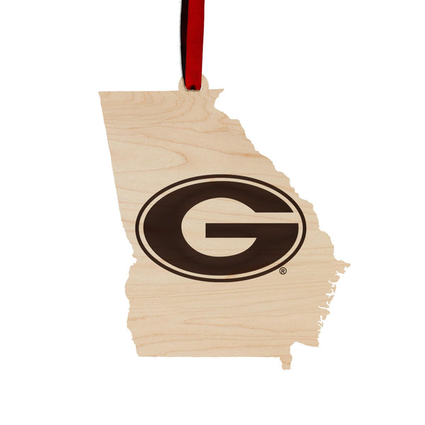 University of Georgia Athletic Logo on State Ornament - Crafted from Cherry or Maple Wood - Georgia Bulldogs