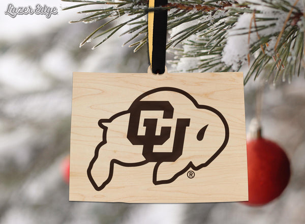University of Colorado Buffaloes on State Ornament – Crafted from Cherry and Maple Wood – Colorado Buffaloes