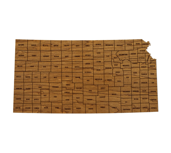 Kansas County Map Wall Hanging - Crafted from Cherry or Maple Wood