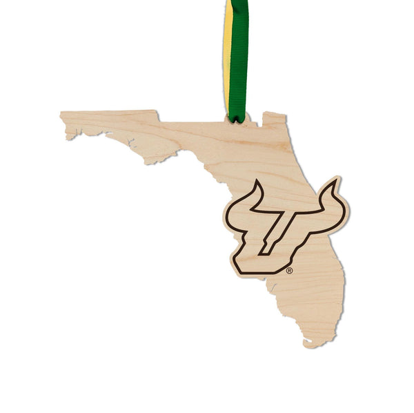 University of South Florida Bulls on State Ornament – Crafted from Cherry and Maple Wood – USF Bulls