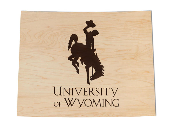 University of Wyoming Logo on State Wall Hanging - Crafted from Cherry and Maple Wood - Wyoming Cowboys