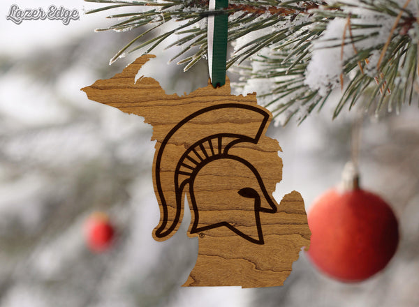 Michigan State University Spartans on State Ornament – Crafted from Cherry and Maple Wood – Michigan State Spartans