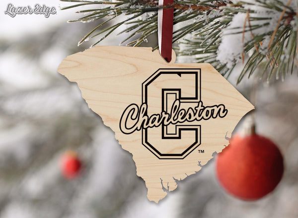 College of Charleston Logo on State Ornament – Crafted from Cherry and Maple Wood – College of Charleston
