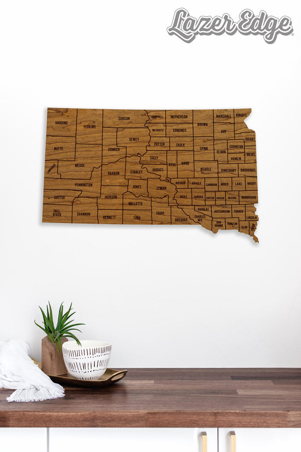 South Dakota County Map Wall Hanging - Crafted from Cherry or Maple Wood