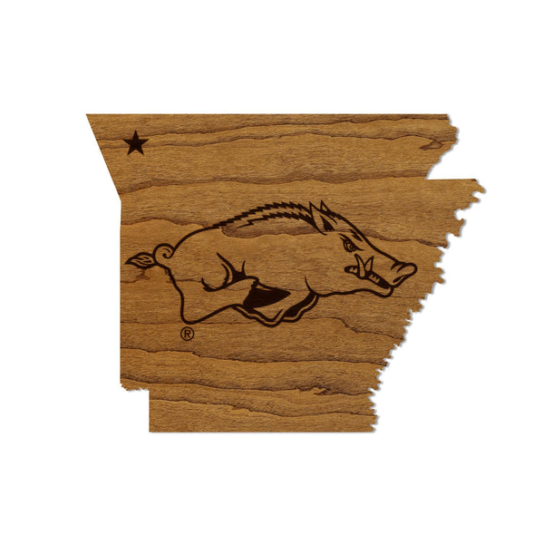 University of Arkansas Razorbacks on State Magnet - Crafted from Cherry or Maple Wood - Arkansas Razorbacks