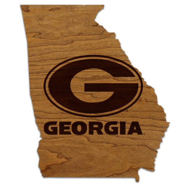 University of Georgia Logo and Wordmark on State Wall Hanging - Crafted from Cherry or Maple Wood - Georgia Bulldogs