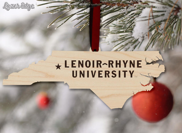 Lenoir-Rhyne University Wordmark on State Ornament – Crafted from Cherry and Maple Wood – Lenoir-Rhyne Bears
