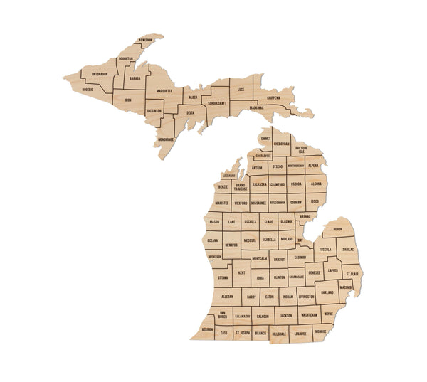 Michigan County Map Wall Hanging - Crafted from Cherry or Maple Wood