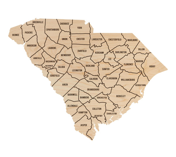 South Carolina County Map Wall Hanging - Crafted from Cherry or Maple Wood