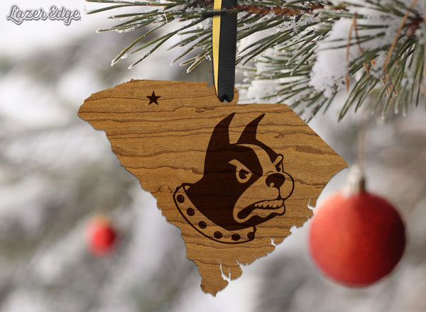 Wofford College Terriers on State Ornament – Crafted from Cherry and Maple Wood – Wofford Terriers