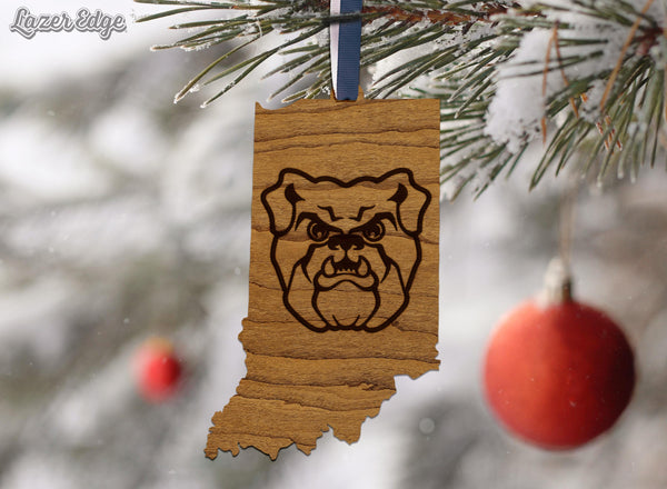 Butler University Bulldog on State Ornament – Crafted from Cherry and Maple Wood – Butler Bulldogs