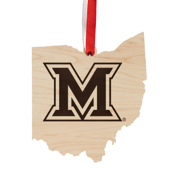 Miami University of Ohio Logo on State Ornament – Crafted from Cherry and Maple Wood –  Miami University Redhawks