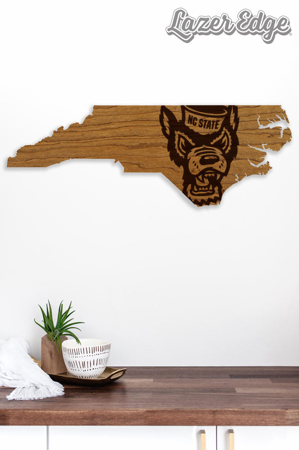 North Carolina State University Tuffy Head on State Wall Hanging - Crafted from Cherry or Maple Wood - NC State Wolfpack
