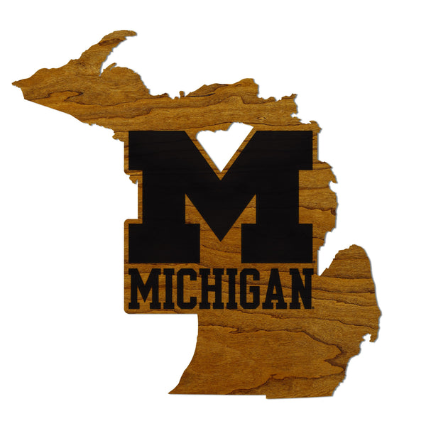 University of Michigan on State Wall Hanging - Crafted from Cherry or Maple Wood
