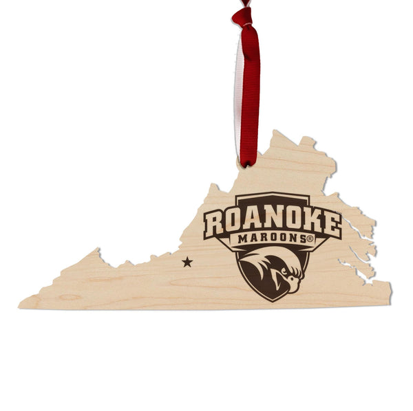 Roanoke College Maroons on State Ornament – Crafted from Cherry and Maple Wood – Roanoke Maroons